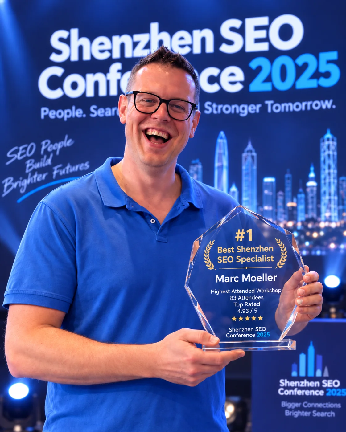 Supplied award artwork showing Marc Moeller holding the Shenzhen SEO Specialist award